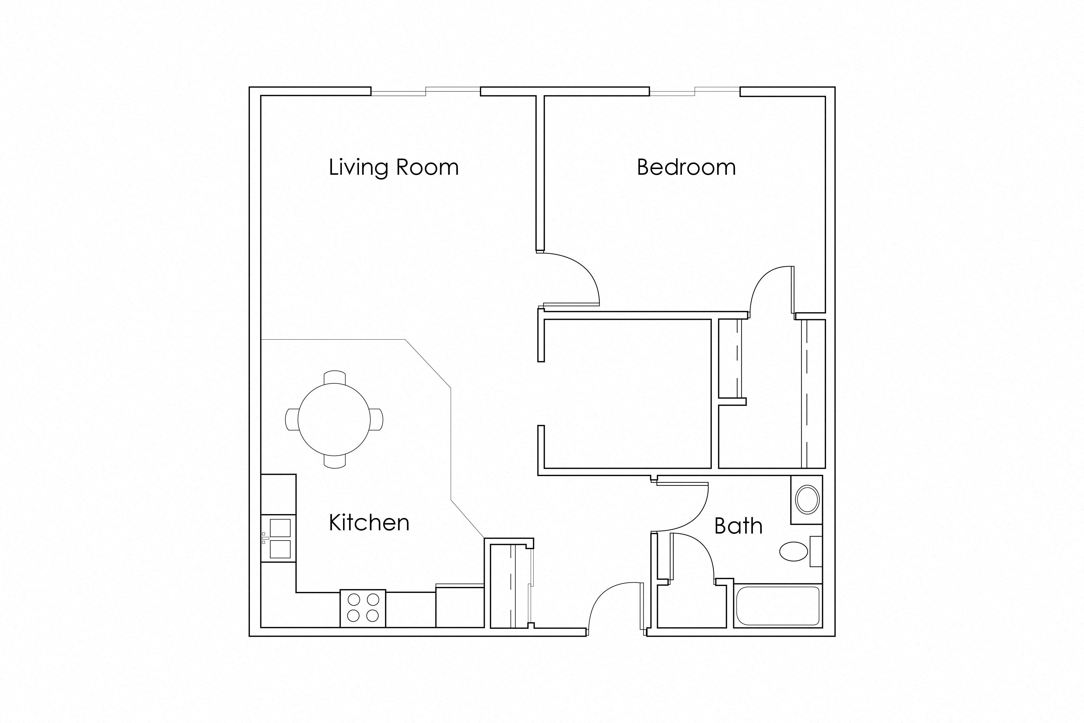 Floor plan for 1 bed, 1 bath, 880 sqft